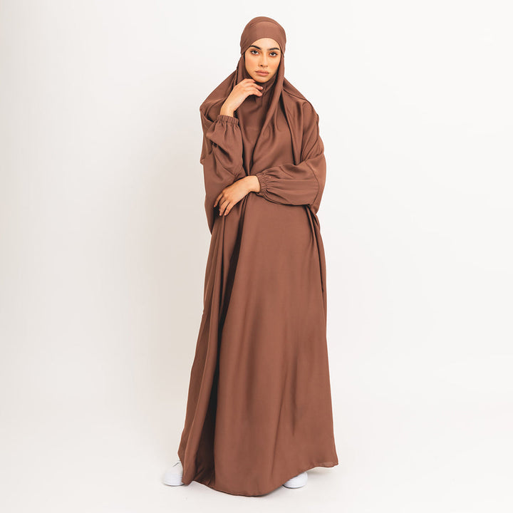 Khimar marron classique avec poignets élastiques et lien à l&