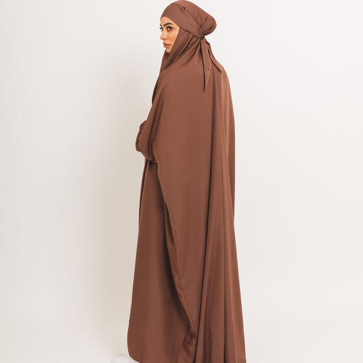 Khimar marron classique avec poignets élastiques et lien à l&