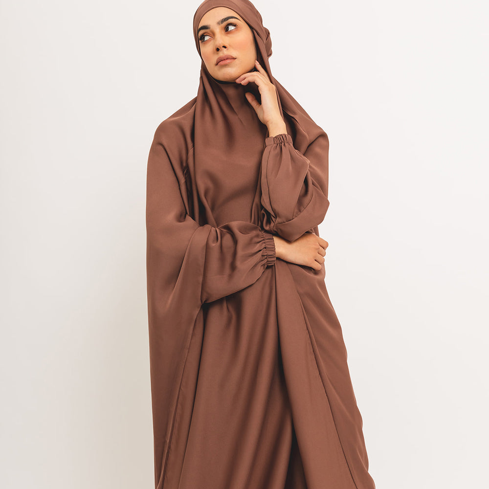 Khimar marron classique avec poignets élastiques et lien à l&